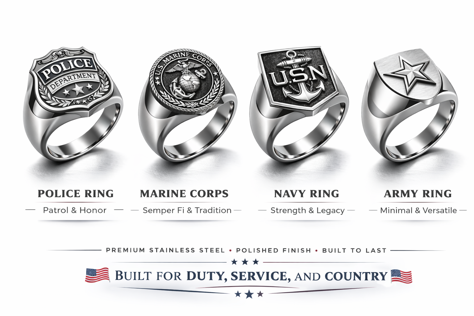 Military and Law Enforcement stainless steel signet rings